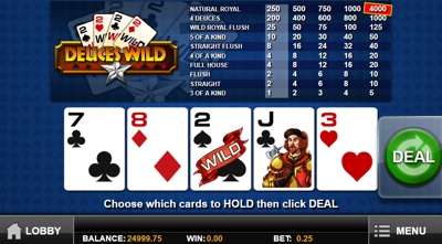 Deuces Wild Multi Hand Play 'N Go Video Poker Game